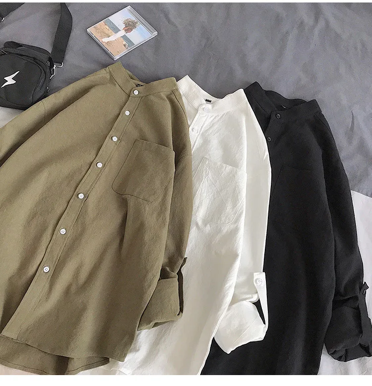 Простая дизайнерская Однотонная рубашка с длинными рукавами корейская мода воротник-стойка хлопок бело-черная рубашка мягкая и удобная