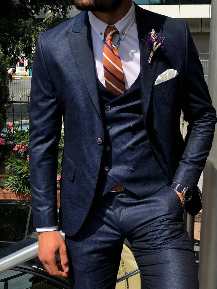 ANNIEBRITNEY Dark Blue 3 Piece Slim Men Fashion Suit Cutsom Groom Wedding Tuxedo Prom Wedding Tailor Made Men Suit With Pants