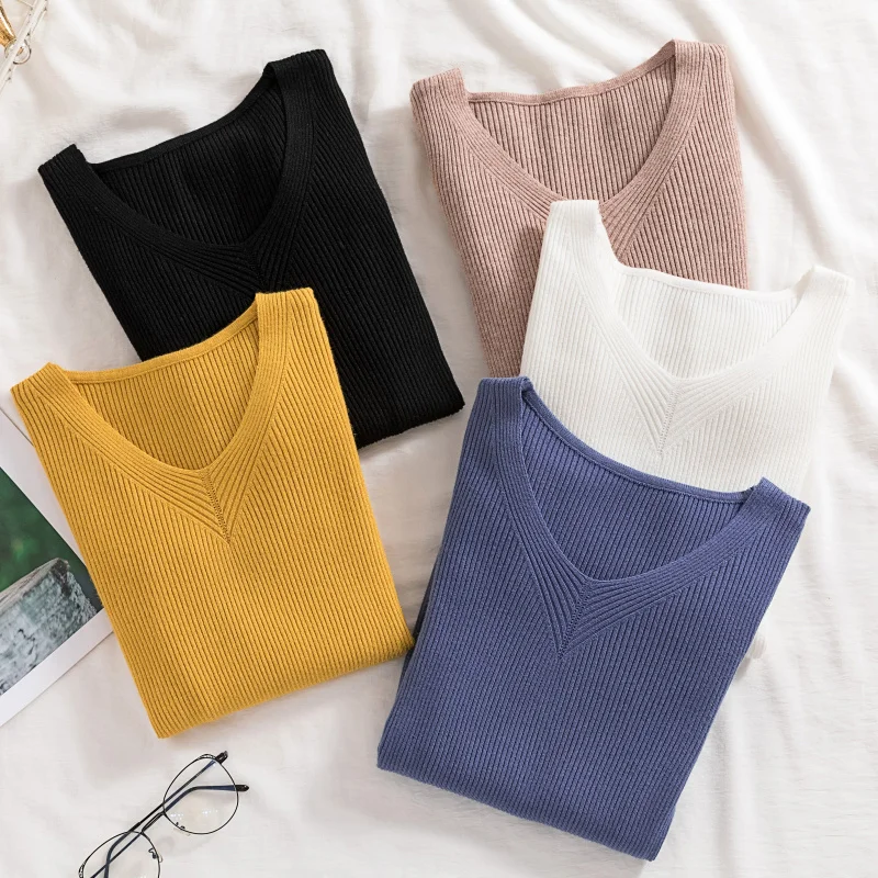 Knitted Women Sweater and Pullovers V-neck Solid Slim All Match Buttoming Casual Pulls Tops Top Quality | Женская одежда