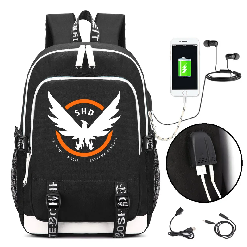 Черный Подвеска Tom clancys The Division SHD рюкзак с usb-портом для зарядки и блокировкой и интерфейсом для наушников для студентов колледжа, мужчин и женщин - Цвет: Черный