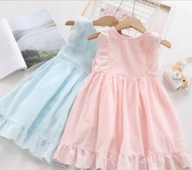 Г. Летние хлопковые однотонные платья принцессы для девочек; милое детское платье розового и голубого цвета; 5 шт/лот;