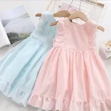 Г. Летние хлопковые однотонные платья принцессы для девочек; милое детское платье розового и голубого цвета; 5 шт/лот;
