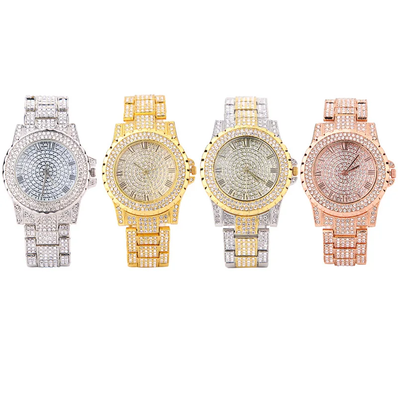 Womens Iced Out Watches Luxury Quartz Wrist Watch with Bracelet Micropave CZ Cuban Chain Hip Hop Watch for Women Men Jewelry Set