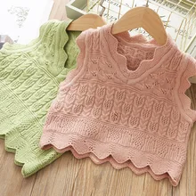 Новинка года; сезон осень; детская одежда; Однотонный пуловер с волнистым узором для девочек; универсальный жилет из пряжи; 15