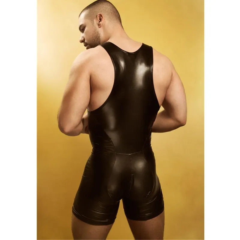 Men Bodysuit Jumpsuit Men Lingerie Bodysuit Black Sexy Wetlook Faux Leather Zipper Open Bust Stretch Tight Erotic Catsuit Fetish Gay Costumes Clubwear