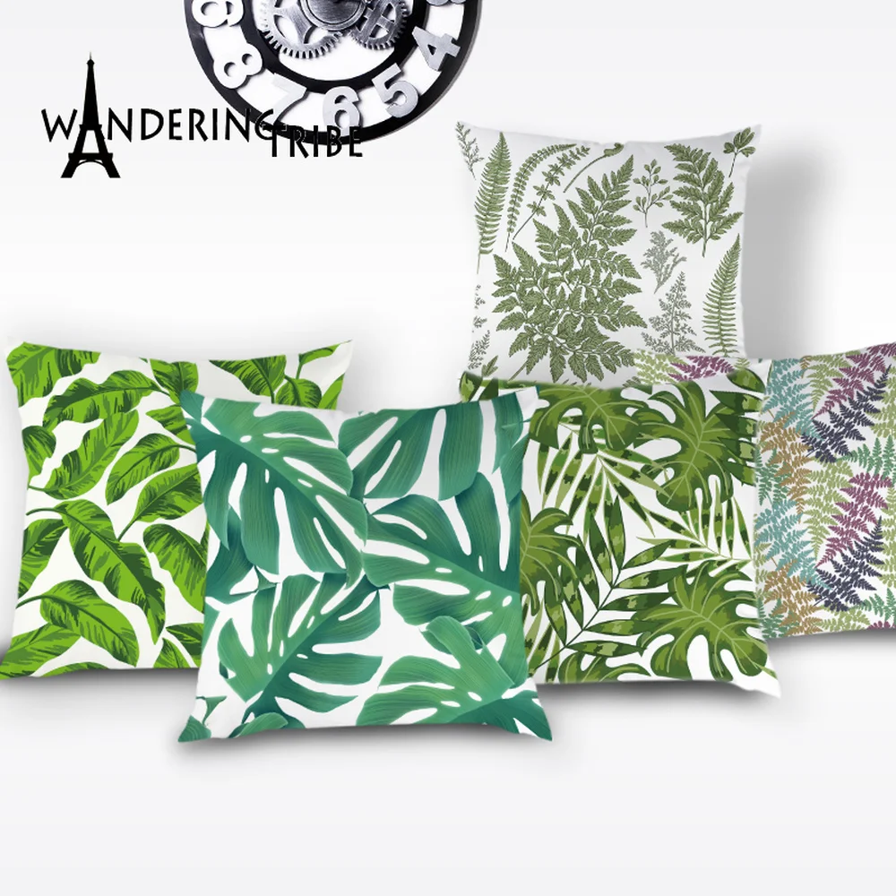 

Tropical Plant Throw Pillow Case Palm Leaf Green Leaves Monstera Cushion Covers Jungle Cushions Cover Decor White Pillows Case