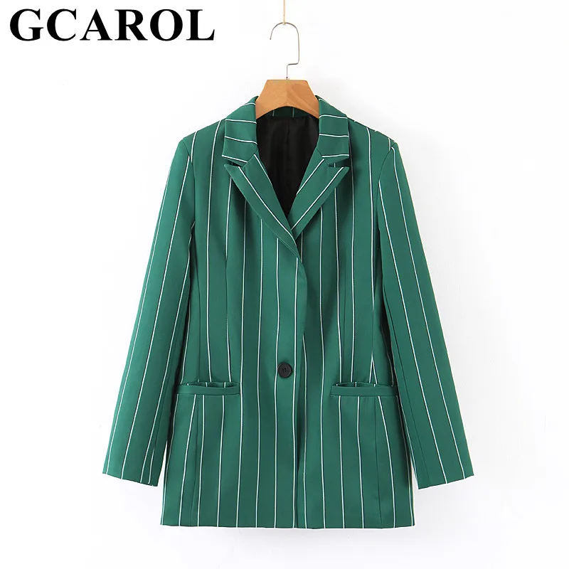 

GCAROL New Women Stripes Green OL Suit Notched Collar 2 Pockets High Street Blazer Elegant Female Chic Outwear