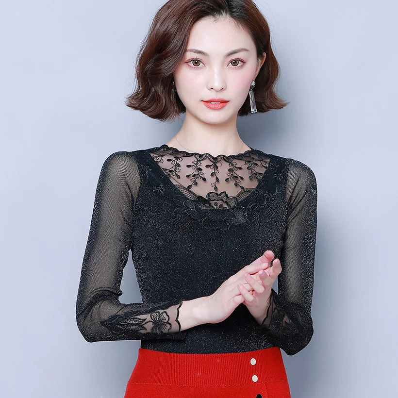 Женские blusas mujer de moda Осенняя Сетчатая футболка с длинными рукавами модная повседневная открытая футболка Женские топы и рубашки - Цвет: Черный