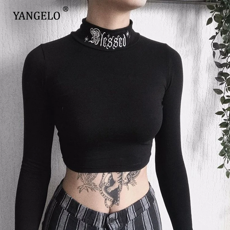 Женский укороченный топ Yangelo черный облегающий Топ с длинным рукавом готика