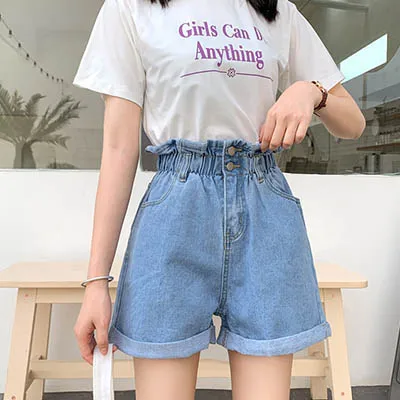 Elastic Waist Crimping Plus Size Denim Shorts Women Korean Straight Denim Short Pants Woman's Casual A-line Denim Shorts Woman versace jeans couture Shorts