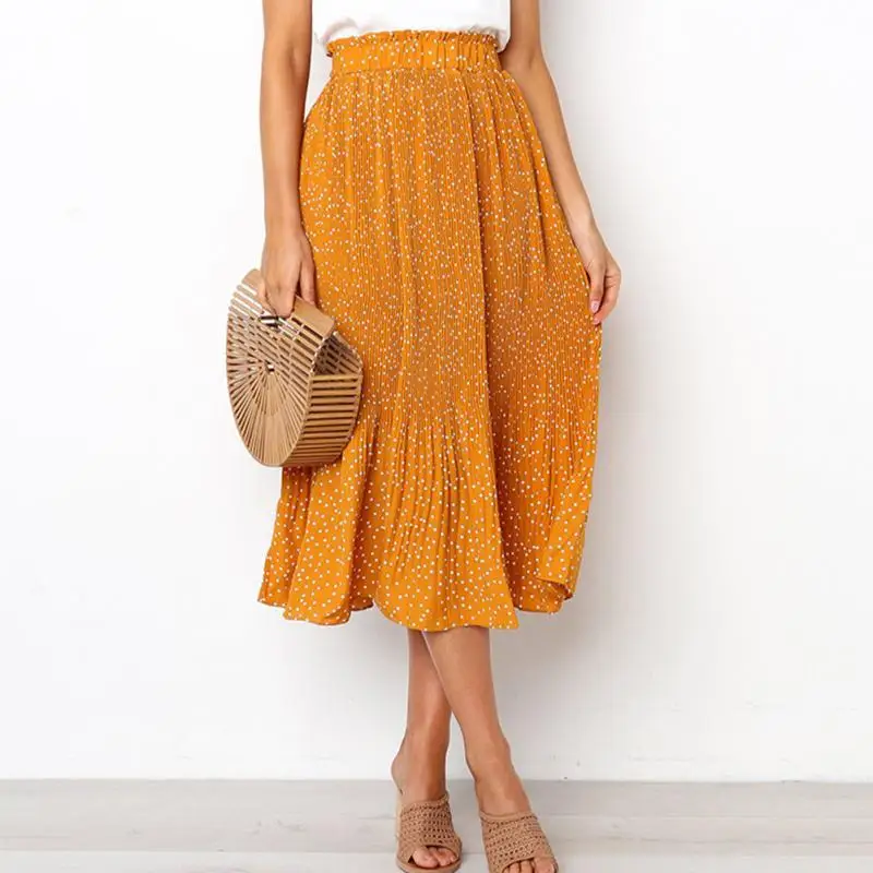 Women Skirt Elastic Puffy Casual Swing Polka Dot Skirts Vintage Midi Pleated Party Office Ladies Skirt High Waist Bodycon Skirts