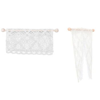 

2 Pcs 1:12 Scale Dollhouse Curtains Miniature Furniture Accessories Window Valance with Rod, Beige & White