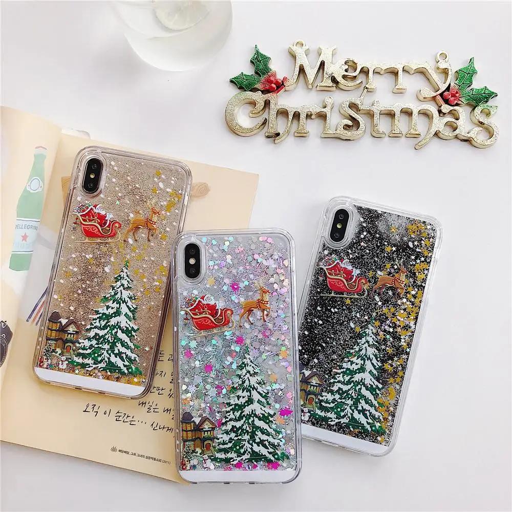 

Giltter Cute Cartoon Santa Claus Elk Phone Case For iPhone 6 6S 7 8 Plus X XR XS Max Christmas Tree Quicksand Liquid Back Cover