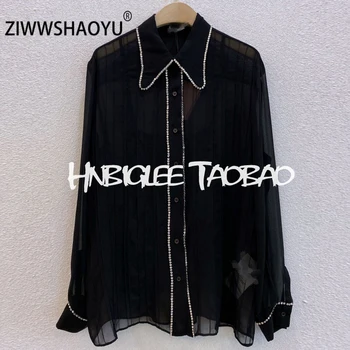 

ZIWWSHAOYU New Female Fashion Spring 100%Silk Shirt Long Sleeve Gorgeous Beading Sling Women's Elegant Casual Pure Black Blouse