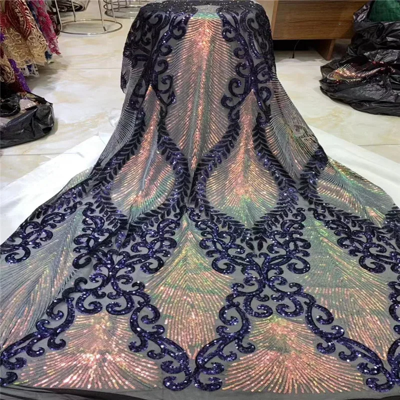 

2019 New Design French African Sequins Net Lace,High Quality Nigerian Tulle Mesh Sequence Lace Fabric For Party Dress 5Yards/Lot