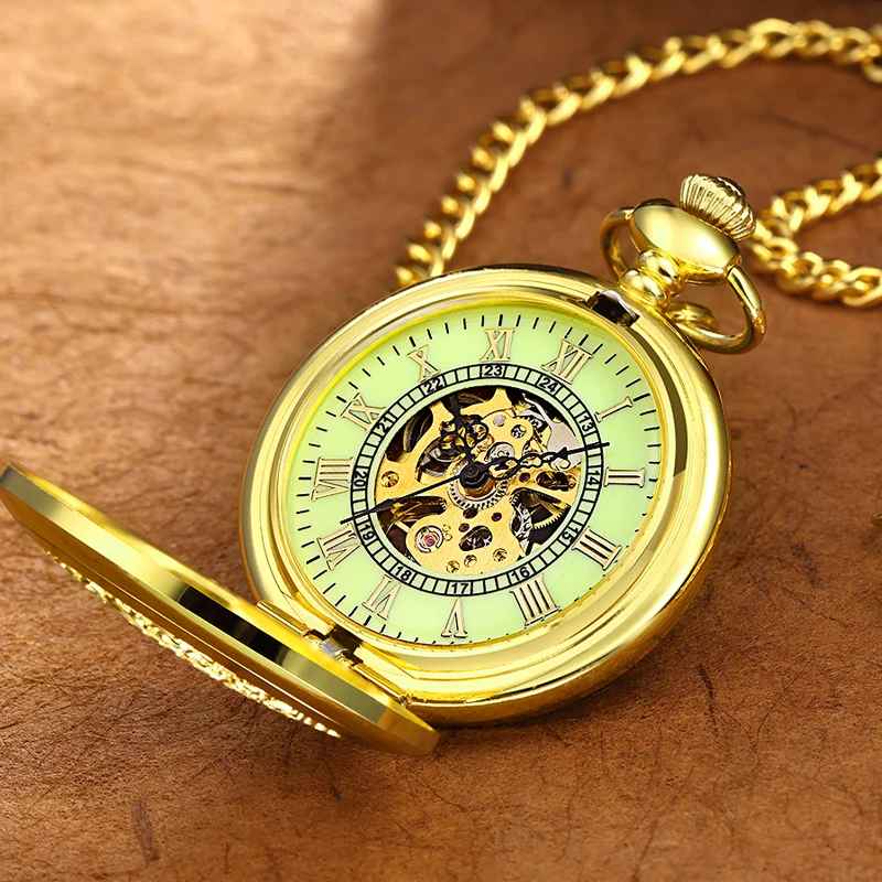 LED Light Night Luminous Mechanical Pocket Watch FOB Chain Locket Dial Hollow Steampunk Skeleton Men Women MensClock Watches