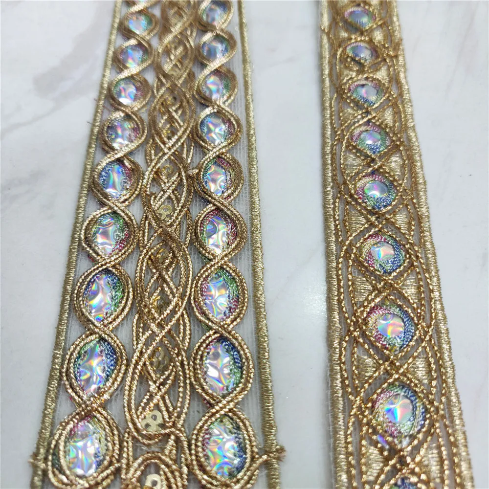 2.5/4.5 cm Width Colorful Sequins Gold thread Lace 3D Embroidered