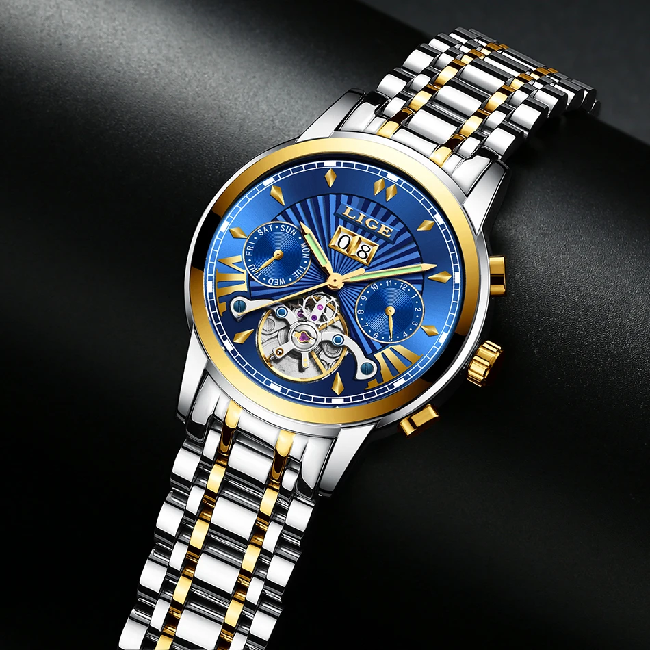 

Men's Watch LIGE Business Watch New Tourbillon Automatic Mechanical Watch Men's Waterproof Skeleton Clock Montre Homme + BoX
