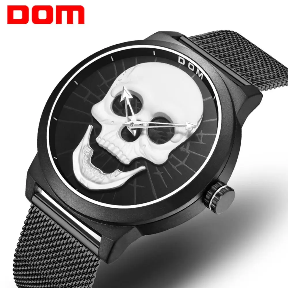 2018 крутые Панк 3D череп мужские часы Бренд DOM роскошные стальные золотые черные
