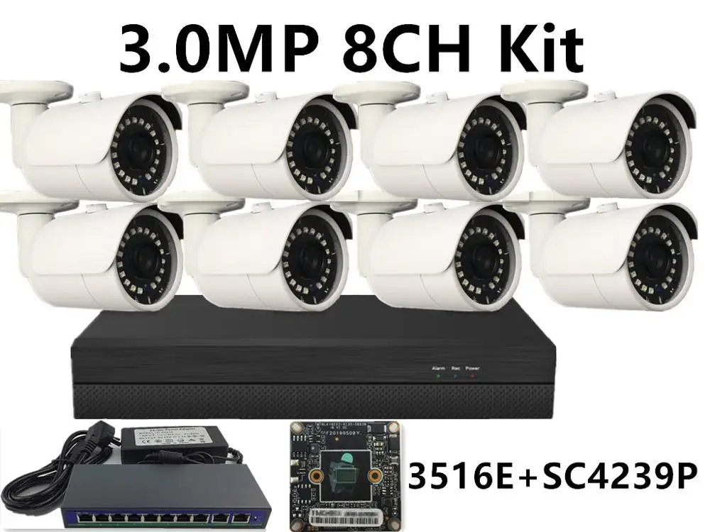 8CH IP комплект видеонаблюдения IP Металлическая Цилиндрическая камера видеонаблюдения 5.0MP 4.0MP 3.0MP 2.0MP IP66 Водонепроницаемый 16*5 Мп NVR 48 V/Свитч PoE IP камера ONVIF P2P облако - Цвет: 3.0MP 3516E SC4239P