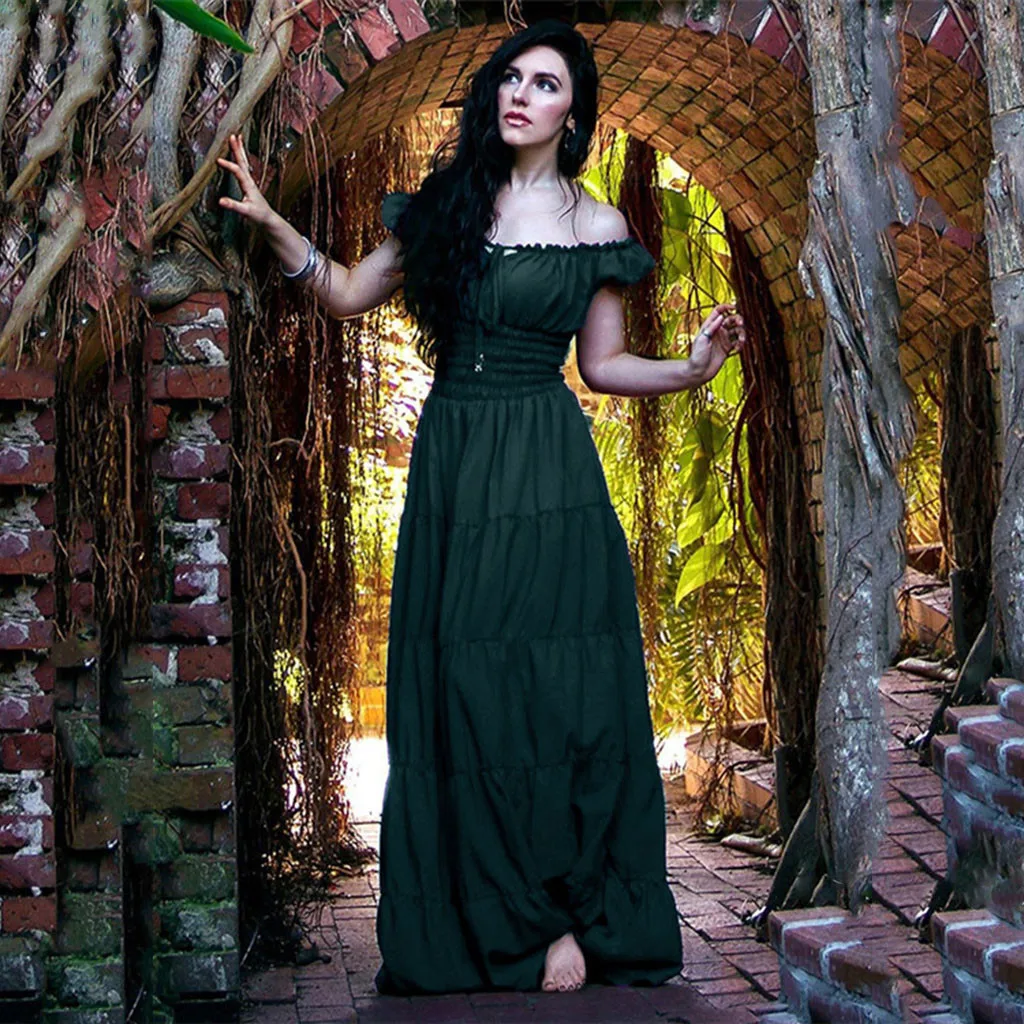 

Maxi Dress Women's Sexy Vintage Celtic Medieval Slash Neck Solid fitted waist robe femme vestidos de verano vestidos de festa