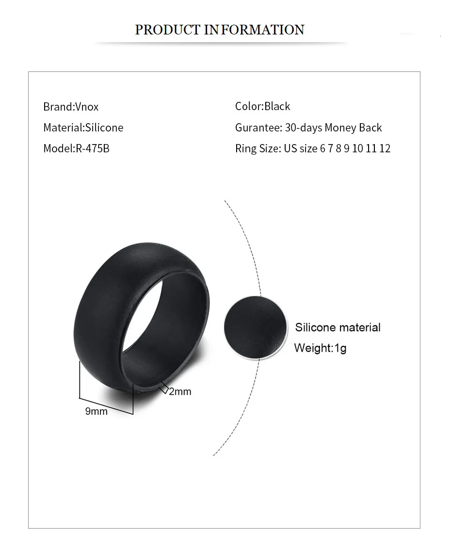 Vnox 9 мм широкие силиконовые кольца для мужчин резиновые обручальные кольца 4 цвета на выбор