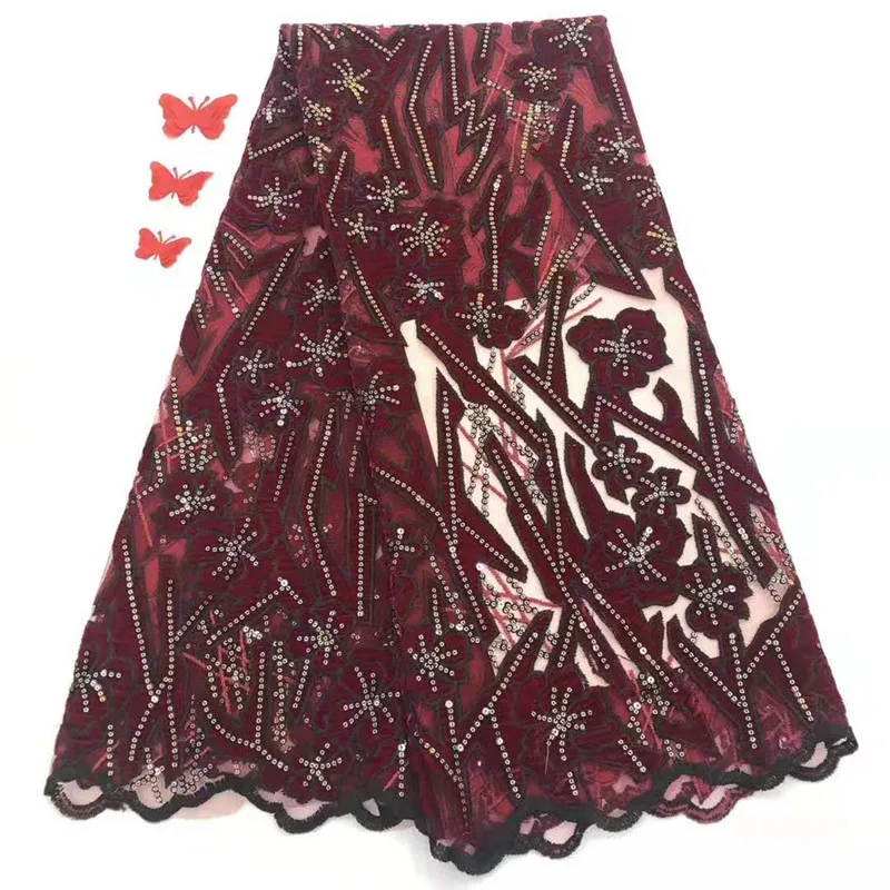 

African French Tulle Lace Fabric Embroidery African Velvet Lace Fabric With Sequins For Nigeria Wedding Party Dresses