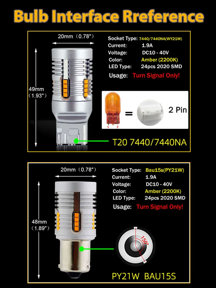2pcs T Wy21w 7440 7440na Led Canbus Error Free Turn Signal Light Bulb 7507 Bau15s Py21w Led No Hyper Flash Amber Yellow Vanssi Signal Lamp Aliexpress