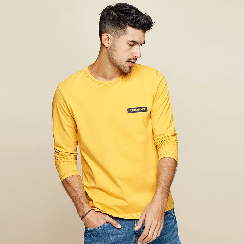 KUEGOU осень хлопок белая простая футболка с принтом Мужская футболка брендовая футболка с длинным рукавом Футболка модная одежда Топ 7783 - Цвет: Yellow