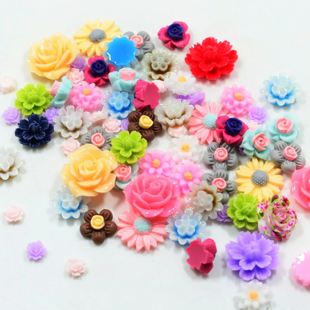 50 Pack Colored Assorted Flat Back Resin Flower Cabochon Craft DIY Hairpin Headwear/Phone Case/Scrapbooking/Decoden Pieces