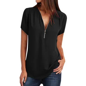 

2020 t shirt women Casual Tops Shirt Ladies V Neck Zipper Loose T-shirt Blusas Tee Tops топ женский