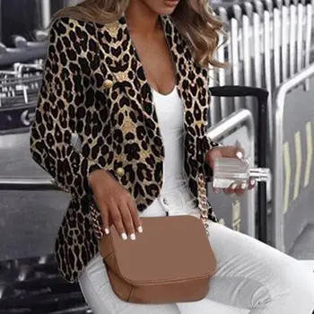 

Women Casual Leopard Print Cardigan Jacket Coat Button Outwear Thin Blouses V-Neck Slim Polyester Spandex Women's Blazer