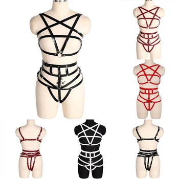 

Pentagram Leather Harness Set Garter Cage Waist Bondage Stocking Suspender Belt Fetish Goth Adjust Hollow Out Body Cage Lingerie