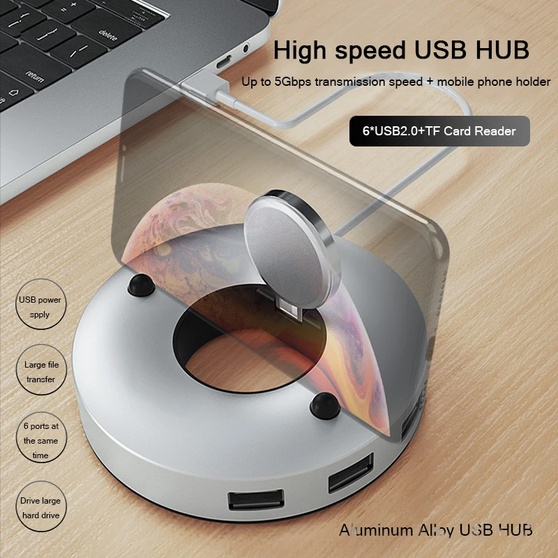 Ноутбук 6* USB2.0 сплиттер алюминиевый сплав 1 м кабель преобразования usb-хаб TF кардридер сплиттер с держателем мобильного телефона