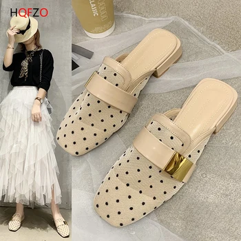 

HQFZO Women Mules Low Heels Polka Dot Breathable Mesh Sandals Fashion Slippers 2020