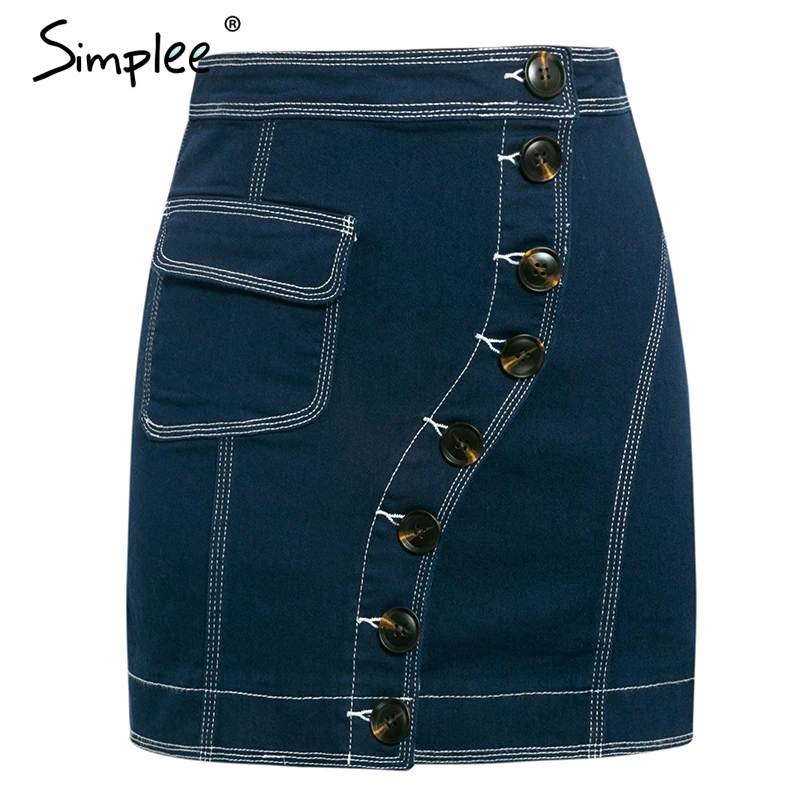 Simplee женскoе джинсовые юбкa с высокой талией карманные A-line кнопка мини-юбкa повседневная уличная женская юбкa
