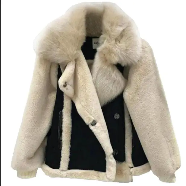 Новая женская зимняя куртка из овечьей шерсти в стиле пэчворк с воротником из кроличьего меха, свободная модная женская куртка с длинным рукавом
