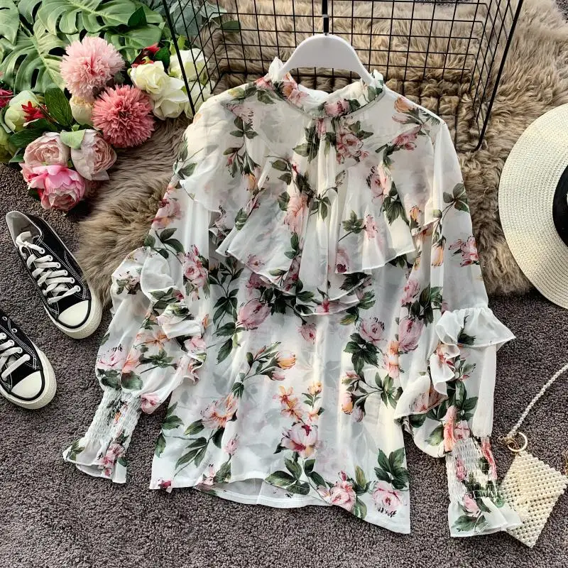 

Spring Autumn New Stand Collar Puff Sleeve Ruffled Immortal Floral Chiffon Shirt Women's Loose Long Sleeve Western Style Top