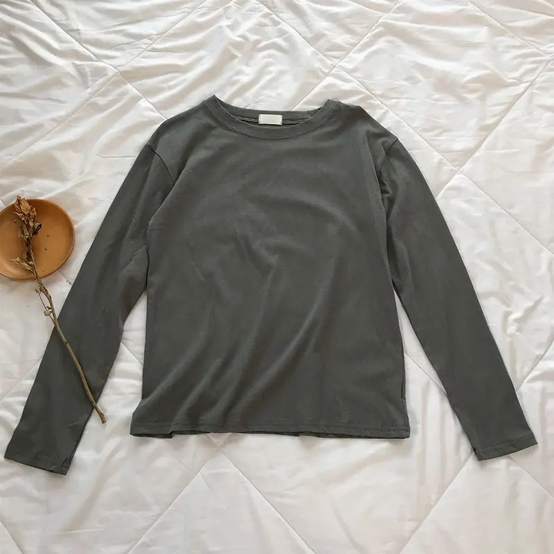 Charcoal gray 22 Однотонная футболка с длинным рукавом Женская Kpop шикарная свободная хлопковая Футболка с круглым вырезом черная Harajuku Kawaii простая Базовая футболка Femme - Цвет: Charcoal gray