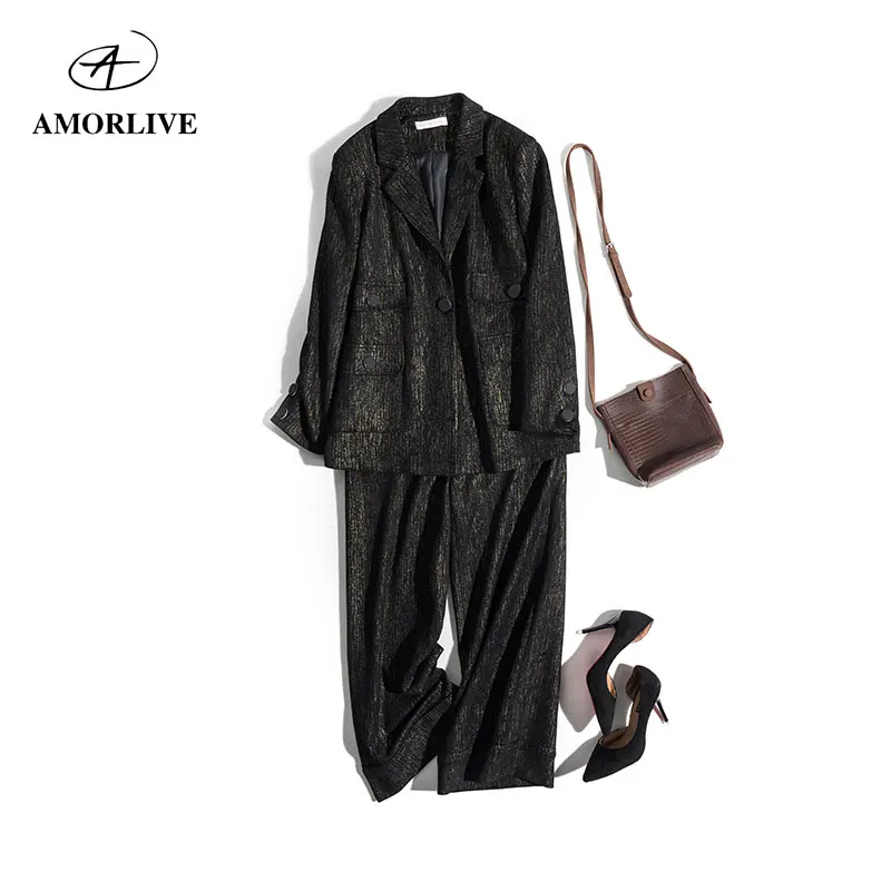 

AMOR LIVE Magical Meteor Rain Suit for Woman Spring Autumn New High End Professional Wear Casual Suit Jacket Wide Leg Pants