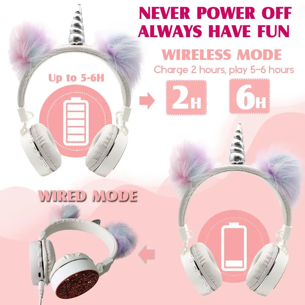 JINSERTA 2020 Unicorns Headphones Kids Headphone Wireless Bluetooth Stretchable Earphone Foldable Stereo Music Cartoon Headset