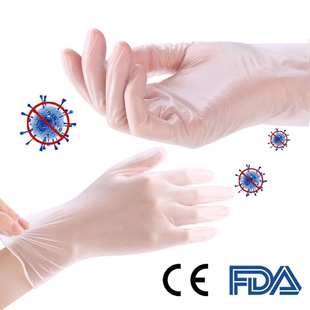 

In Stock 100 PCS Medical Gloves Transparent Disposable PVC Gloves CE FDA Certification Guantes Universal For Kitchen/Lab/Garden
