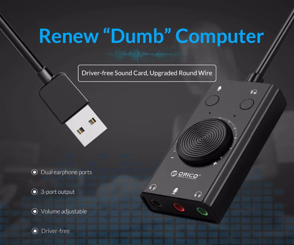 

Orico Portable USB External Sound Card Microphone Earphone Two-in-One with 3-Port Output Volume Adjustable