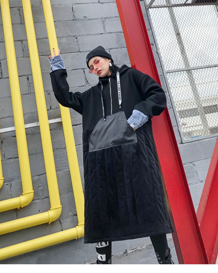 XITAO Drawstring женские толстовки, модные, размера плюс, черные, длинный рукав, с капюшоном, воротник, плиссированные, миноритарные, повседневные толстовки, DMY2381