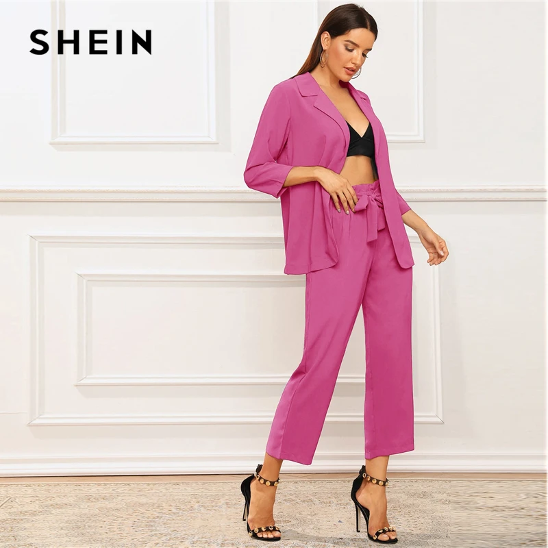 SHEIN, однотонный блейзер с вырезом и поясом, укороченные штаны, Женский комплект 2 шт., осенняя элегантная Офисная Женская одежда, комплект из двух предметов