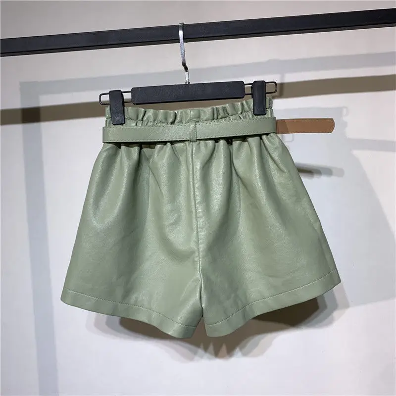 Belt Included Korean Style High Waist Pu Leather Shorts Womens Autumn Winter Booty Shorts