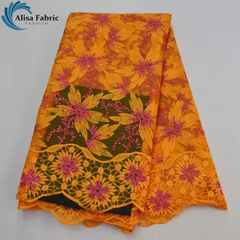 

Alisa fashion african lace fabric embroidery with stones high quality french net lace nigeria tulle fabric 5 yards/pcs for dress