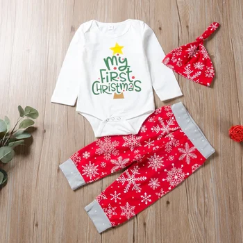 

3-24M Autumn Baby Toddlers Casual My First Christmas Letter Printing Bodysuit Trousers Hat Kids 3pcs Outfit Set Cotton Vest Full
