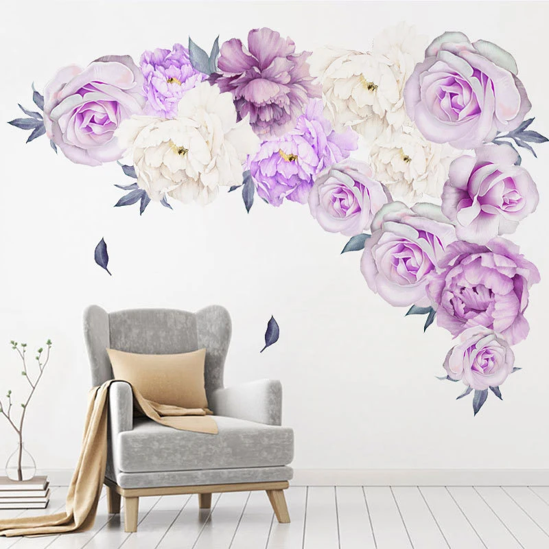 

Beautiful Purple Peony Wall with PVC Material Watercolor Wall with Decal Bedroom Living Room TV Background Wall Home Decoration