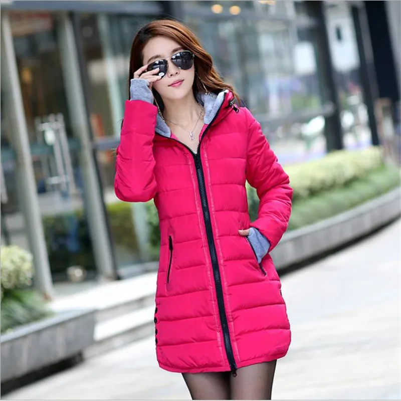 Rose Red Теплые зимние куртки для женщин, модные парки с хлопковой подкладкой, повседневное длинное пальто с капюшоном, утолщенное, на молнии, облегающее, для размера плюс, длинная парка - Цвет: Rose Red